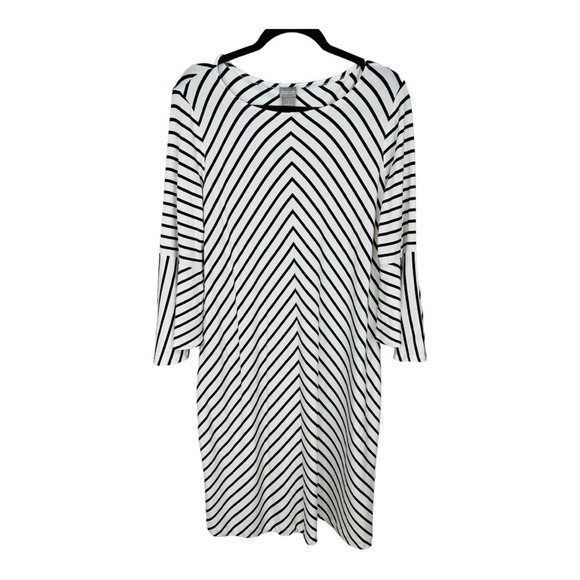 CHICO'S Black & White Striped Dress Flare Long Sleeves - Picture 5 of 11